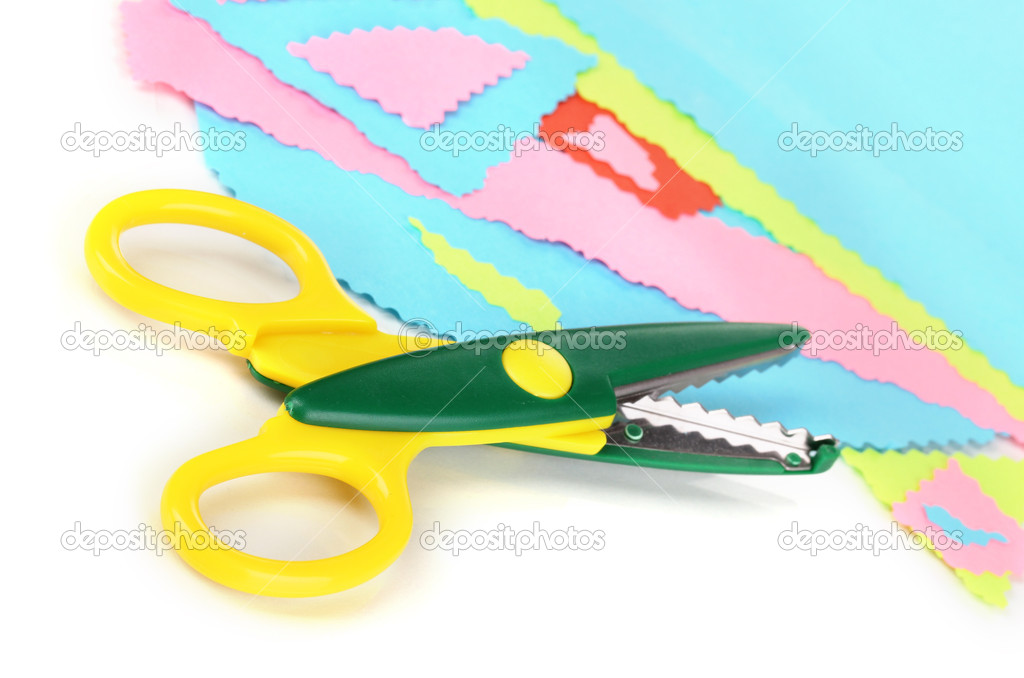 Colorful zigzag scissors with color paper isolated on white Stock Photo by  ©belchonock 13359468